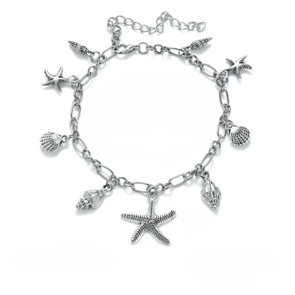 NWT Vintage Style Silver Starfish Seashell Charms Ankle Bracelet Anklet 8” - Picture 7 of 8